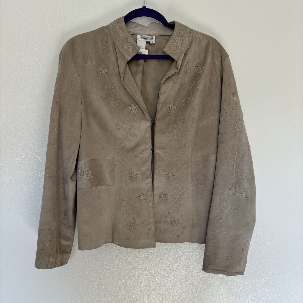 Coldwater Creek Beige Tan Suede Leather Flower Detail Jacket Coat SMALL
